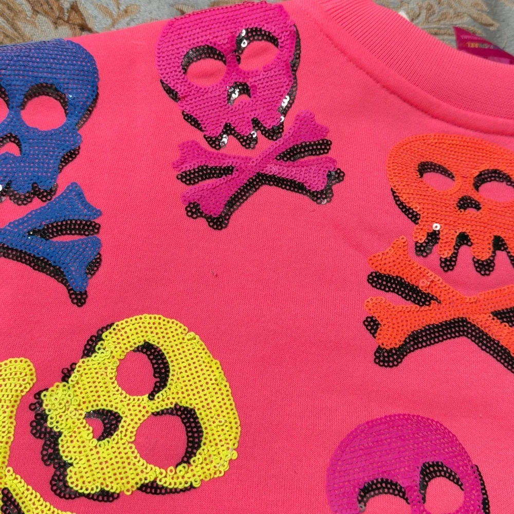 Queen of Sparkle NWT Colorful Skull Sequin Sweatshirt - Picture 4 of 16
